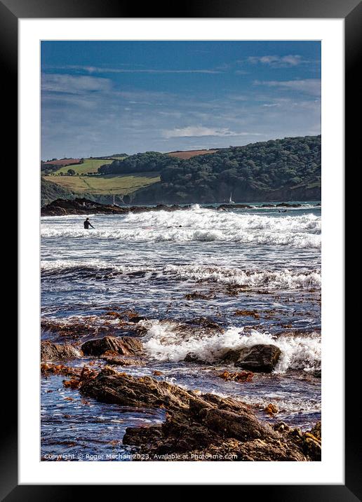 Surfing a stormy Wembury Beach Devon Framed Mounted Print by Roger Mechan