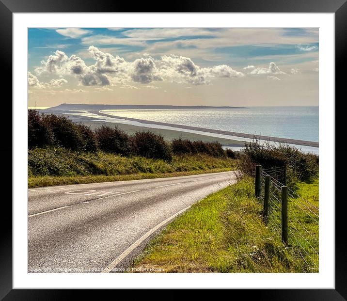 The road to Chesil Beach and Portland. Framed Mounted Print by Roger Mechan