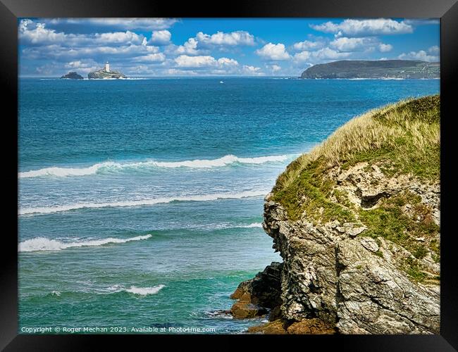 Godrevy Lighthouse from Hayle Towans cliffs Cornwa Framed Print by Roger Mechan