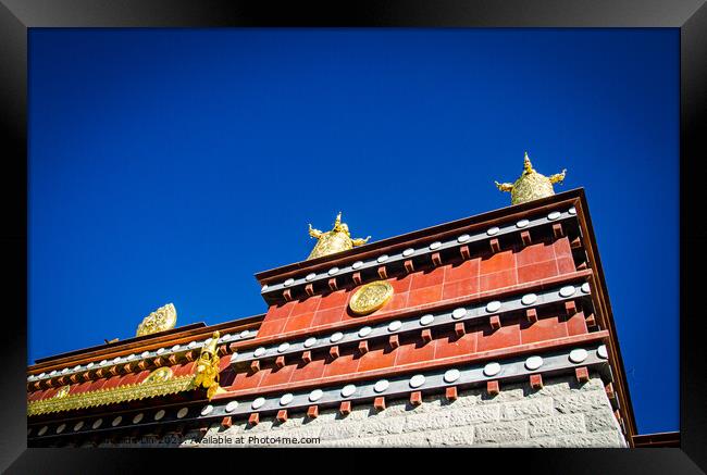 Tibetan Monastery and roof top decoration of Buddhism elements Framed Print by Adelaide Lin