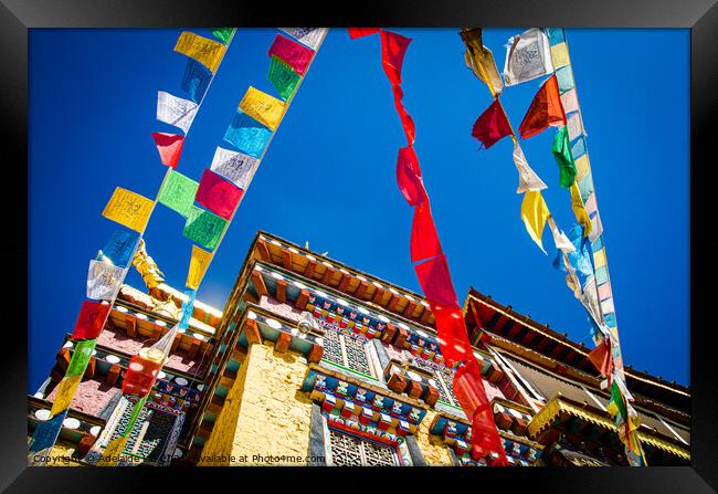 Colorful Tibetan prayer flags spreading good fortune hanging on  Framed Print by Adelaide Lin