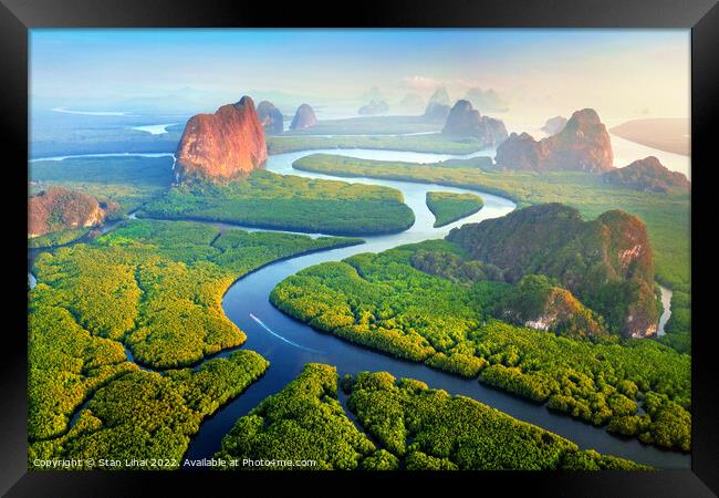 Aerial view of Phang Nga bay with mountains at sunrise  Framed Print by Stan Lihai