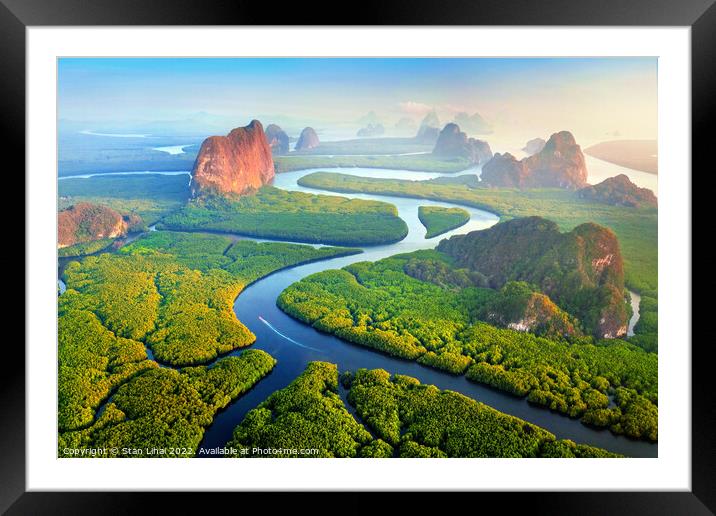 Aerial view of Phang Nga bay with mountains at sunrise  Framed Mounted Print by Stan Lihai