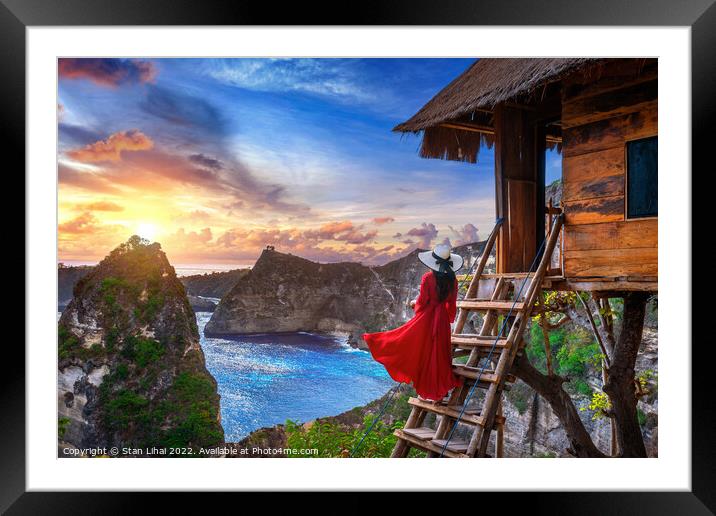 Young girl on steps of house on tree at sunrise in Nusa Penida  Framed Mounted Print by Stan Lihai