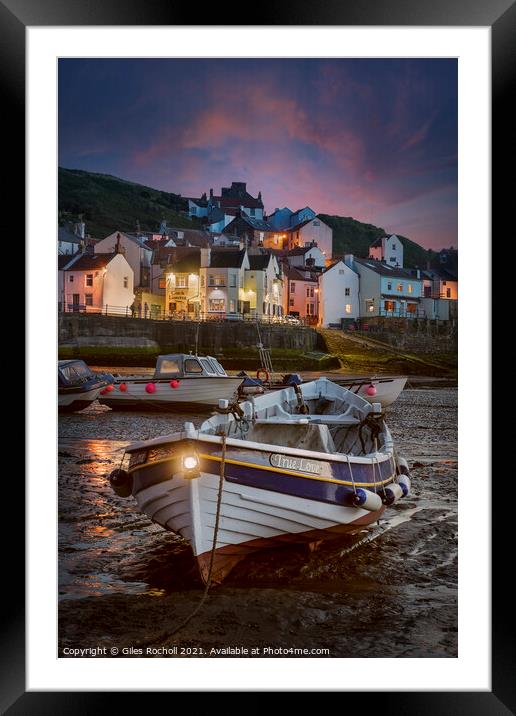Dramatic sunset Staithes fishing village Framed Mounted Print by Giles Rocholl