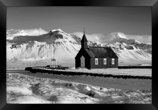 Snow mountain and church Iceland Framed Print by Giles Rocholl