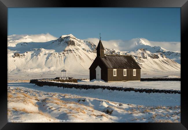 Snow mountain and church Iceland Framed Print by Giles Rocholl