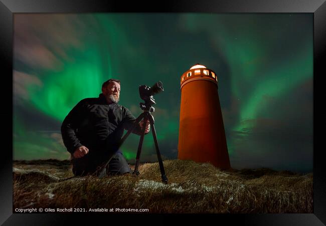 Photographer light house and northern lights Iceland Framed Print by Giles Rocholl