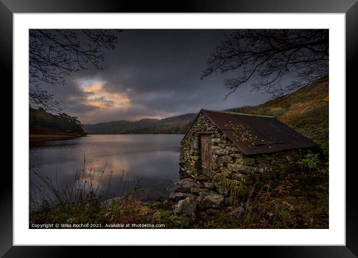 Welsh lake and boathouse Framed Mounted Print by Giles Rocholl