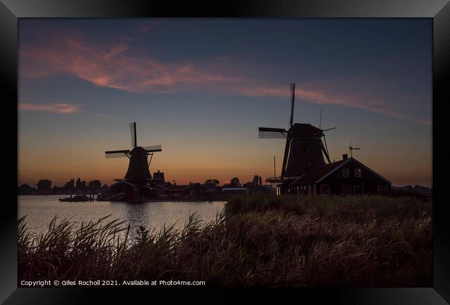 Dutch windmills at dusk. Framed Print by Giles Rocholl