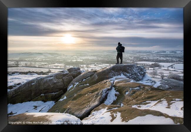 Snow sunrise Yorkshire walker Framed Print by Giles Rocholl