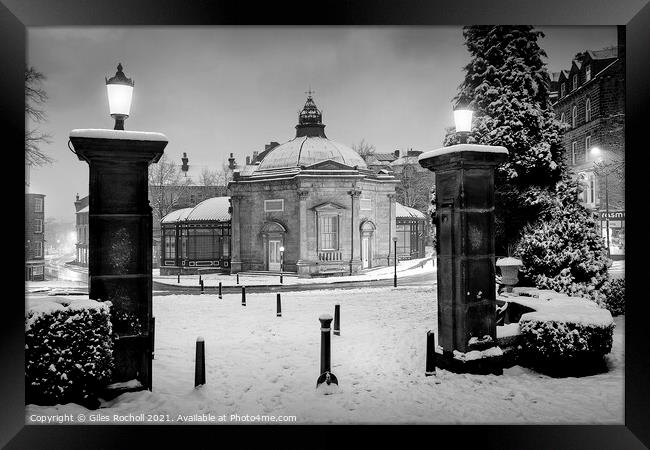 Harrogate Pump Room and snow Framed Print by Giles Rocholl