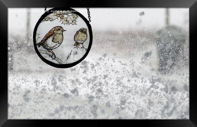 Robin Roundel on a snowy window Framed Print by Phil Banks