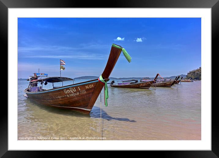 Thailand longtail boats Krabi beach Framed Mounted Print by Raymond Evans
