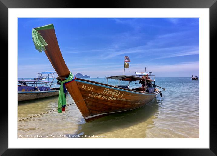 Thailand longtail boat Krabi beach Framed Mounted Print by Raymond Evans