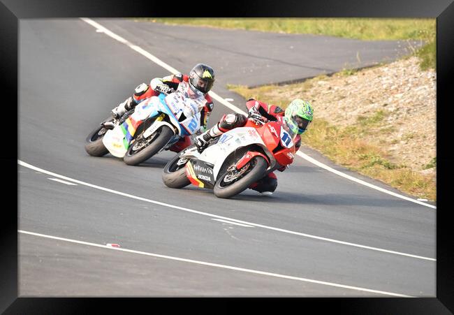 IOM TT road races, Cameron Donald leading Bruce Anstey Framed Print by Russell Finney