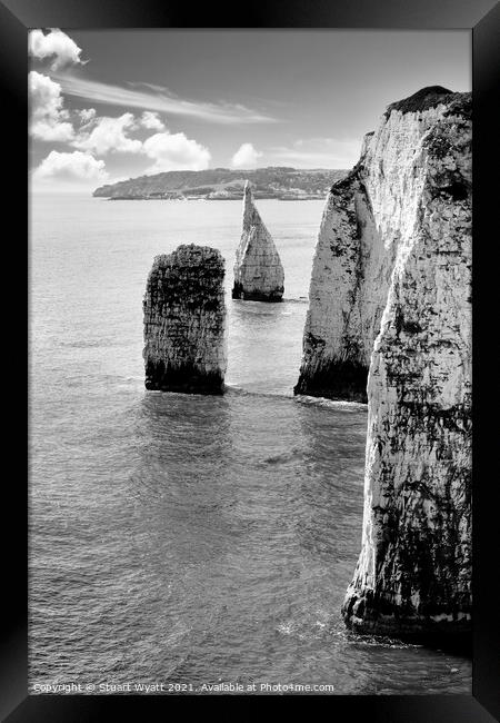 Swanage Bay behind The Pinnacles at Old Harry Rock Framed Print by Stuart Wyatt