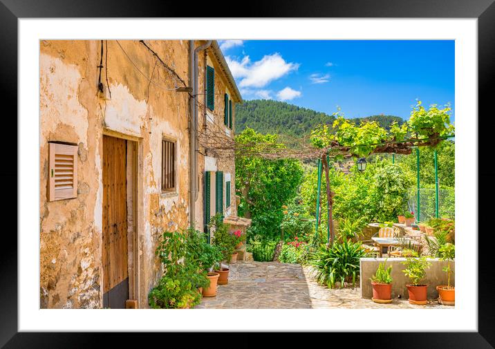 Rustic mediterranean houses with beautiful front yard and potted flowers Framed Mounted Print by Alex Winter