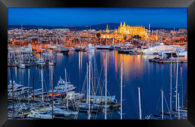 Night view of city Palma de Mallorca with marina p Framed Print by Alex Winter