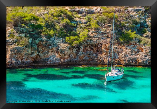 Beautiful bay with boat in Mediterranean Sea  Framed Print by Alex Winter