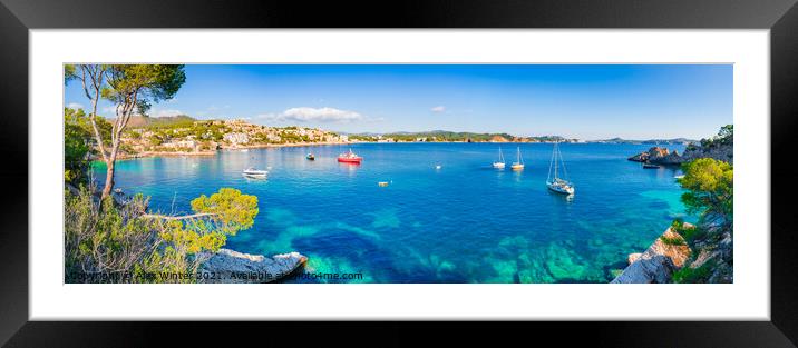 Coast bay with boats at Cala Fornells Mallorca Framed Mounted Print by Alex Winter