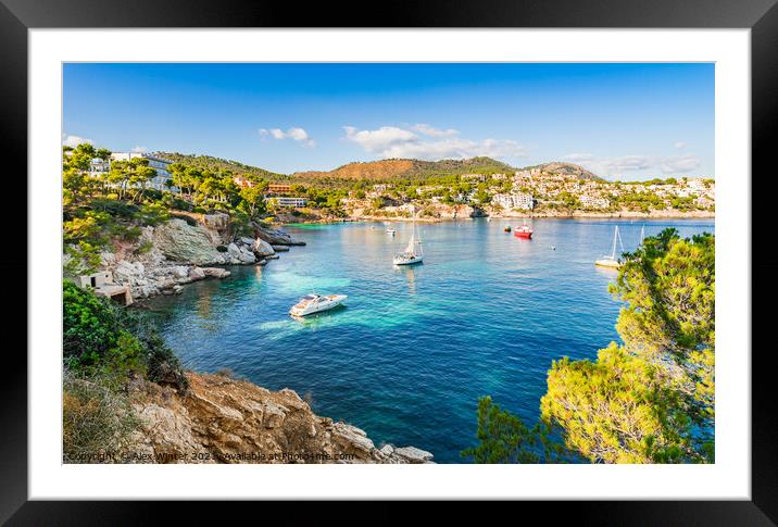 Panorama view with boats at Cala Fornells Mallorca Framed Mounted Print by Alex Winter