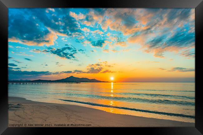 Idyllic sunrise at bay of Alcudia beach Mallorca Framed Print by Alex Winter
