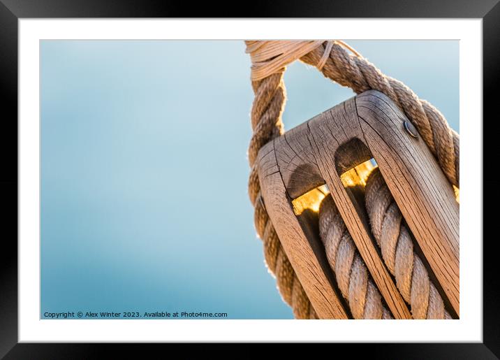 Detail image of wooden pulley with ropes of an classical sailing yacht Framed Mounted Print by Alex Winter