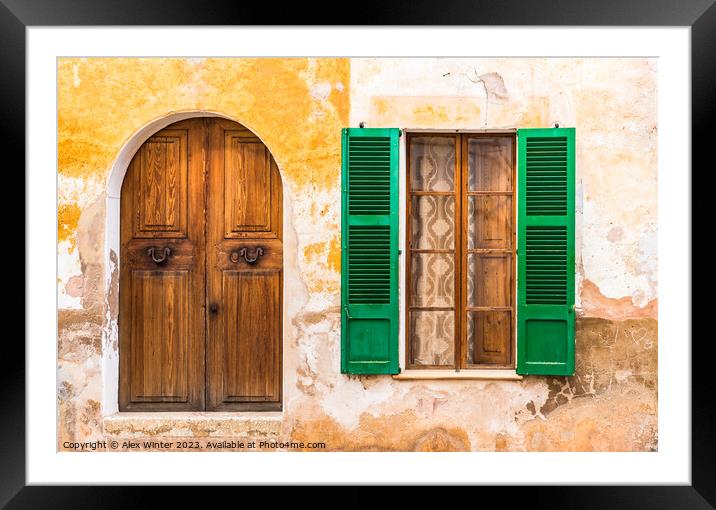 old wooden door and open window shutters Framed Mounted Print by Alex Winter