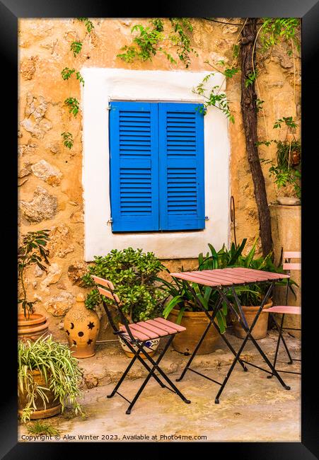 patio house with blue window shutters Framed Print by Alex Winter