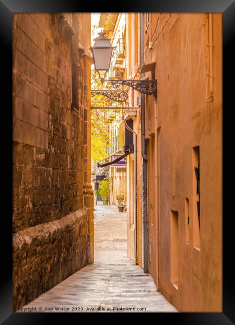 View of a narrow alley at the old town of Palma Framed Print by Alex Winter