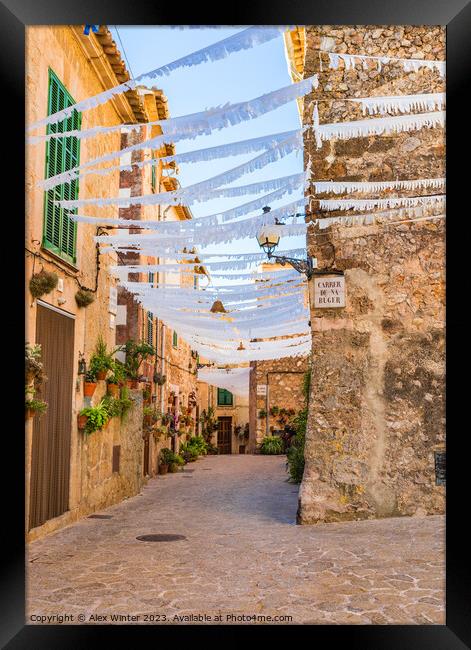Alley in old mediterranean village of Valldemossa Framed Print by Alex Winter