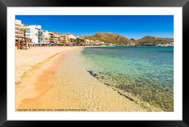 Beautiful sand beach at bay of Pollenca pollensa Framed Mounted Print by Alex Winter