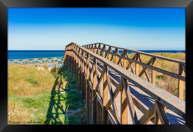 Wooden footbridge over the sand dunes to the beach of Alcudia Framed Print by Alex Winter