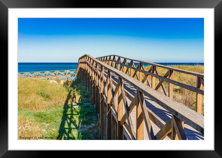Wooden footbridge over the sand dunes to the beach of Alcudia Framed Mounted Print by Alex Winter