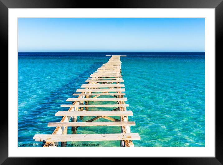 View of damaged wooden jetty with blue sea water Framed Mounted Print by Alex Winter
