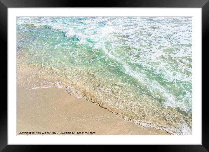 Soft blue sea wave on sand beach, close-up Framed Mounted Print by Alex Winter