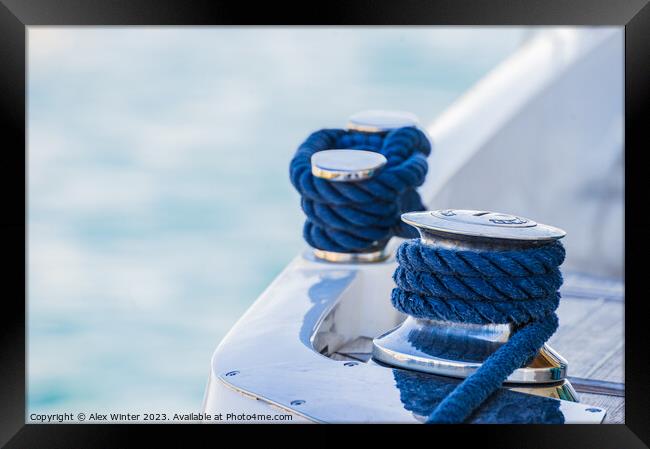 Detail view of motorboat yacht rope cleat on boat  Framed Print by Alex Winter