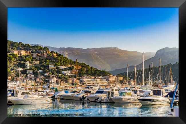 Idyllic view of the bay at Port de Soller with anchoring boats and beautiful landscape, Majorca Spain Framed Print by Alex Winter