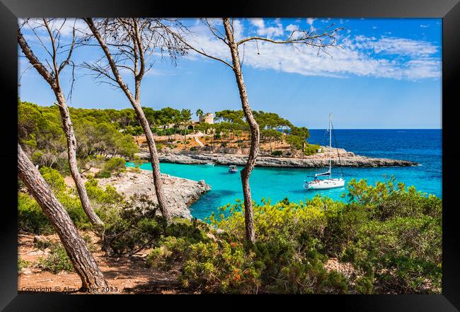 Bay with boats yacht at beautiful seaside on Majorca Spain, Balearic Islands Framed Print by Alex Winter