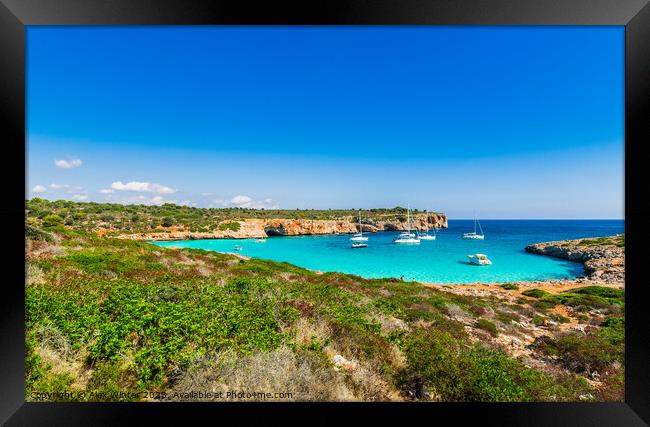 Beautiful coastline on Mallorca, idyllic bay of Cala Varques with anchoring boats, Spain island Framed Print by Alex Winter