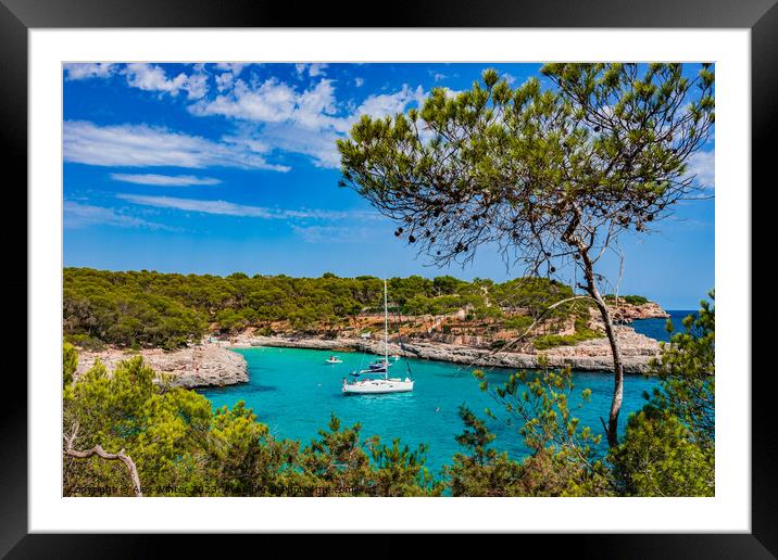 Beautiful seaside, beach bay with boats on Mallorca, Spain Mediterranean Sea Framed Mounted Print by Alex Winter