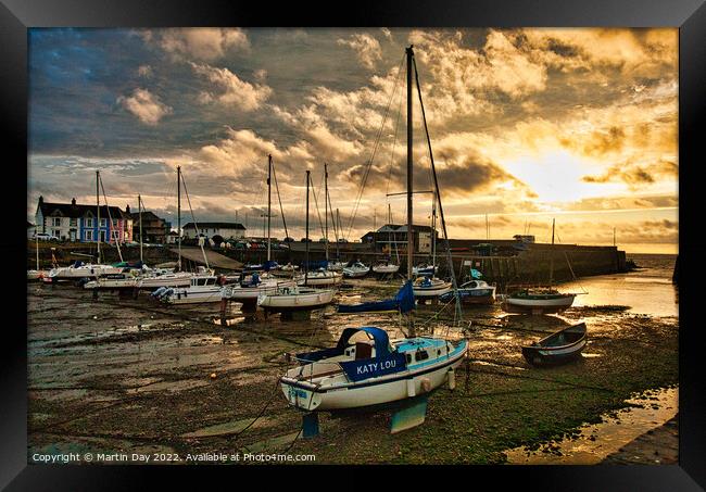 Stormy Sunset over Aberaeron Harbour Framed Print by Martin Day