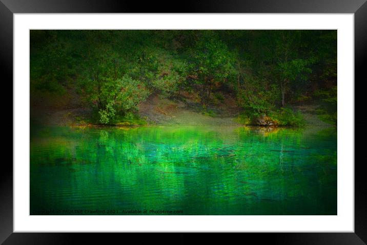 Green lake water with trees in Canmore Alberta Rocky Mountains Framed Mounted Print by PAULINE Crawford