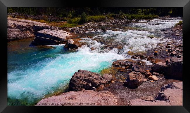 Turquoise blue river in the Alberta Canadian Rocky Mountains Framed Print by PAULINE Crawford