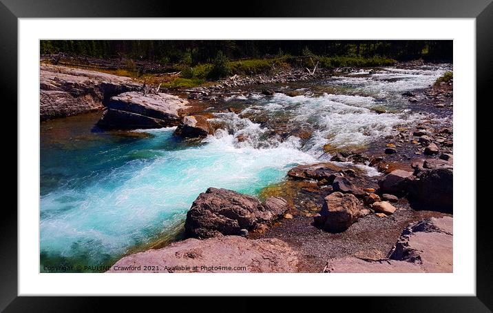Turquoise blue river in the Alberta Canadian Rocky Mountains Framed Mounted Print by PAULINE Crawford