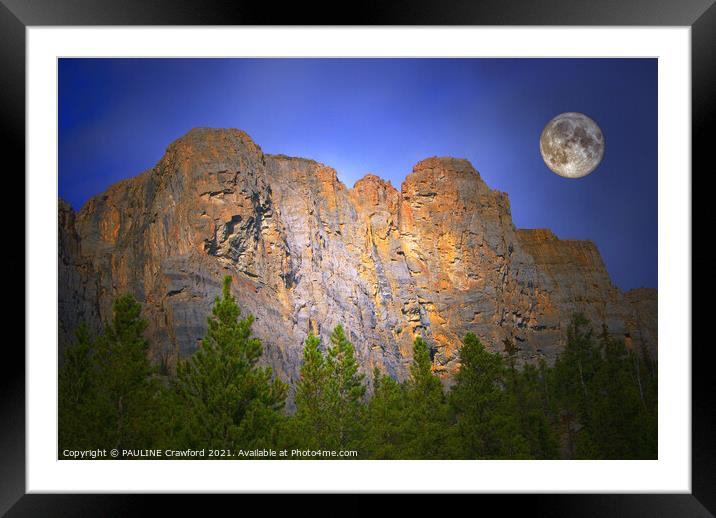 Canadian Rocky Mountains with Full Moon Banff Alberta Canada Framed Mounted Print by PAULINE Crawford