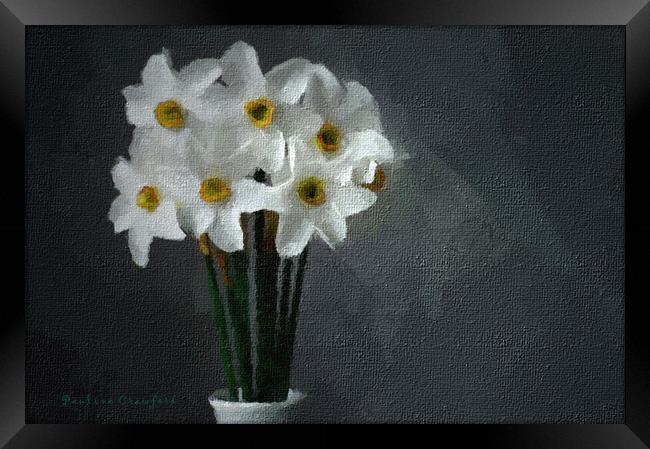 White Daffodils in Vase Plant flower Framed Print by PAULINE Crawford