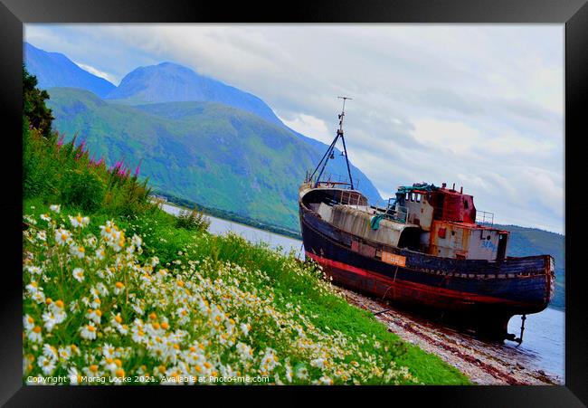 Corpach boat wreck and Ben Nevis Framed Print by Morag Locke