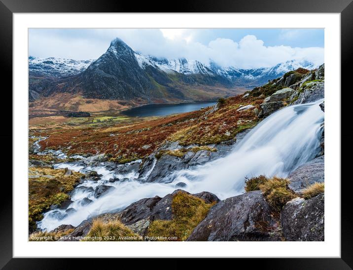 Afon Lloer cascades and Tryfan Framed Mounted Print by Mark Hetherington